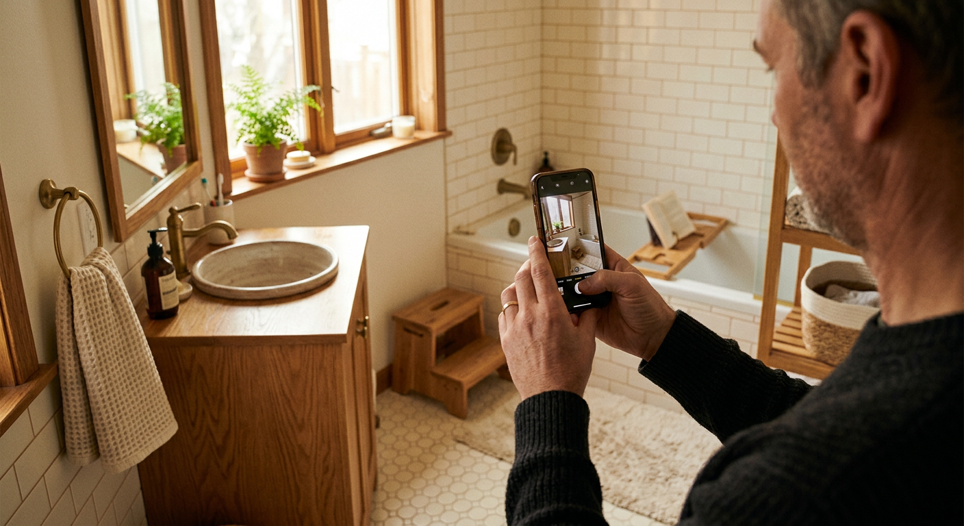 An adult photographing their parent's bathroom on a phone during a home safety walkthrough