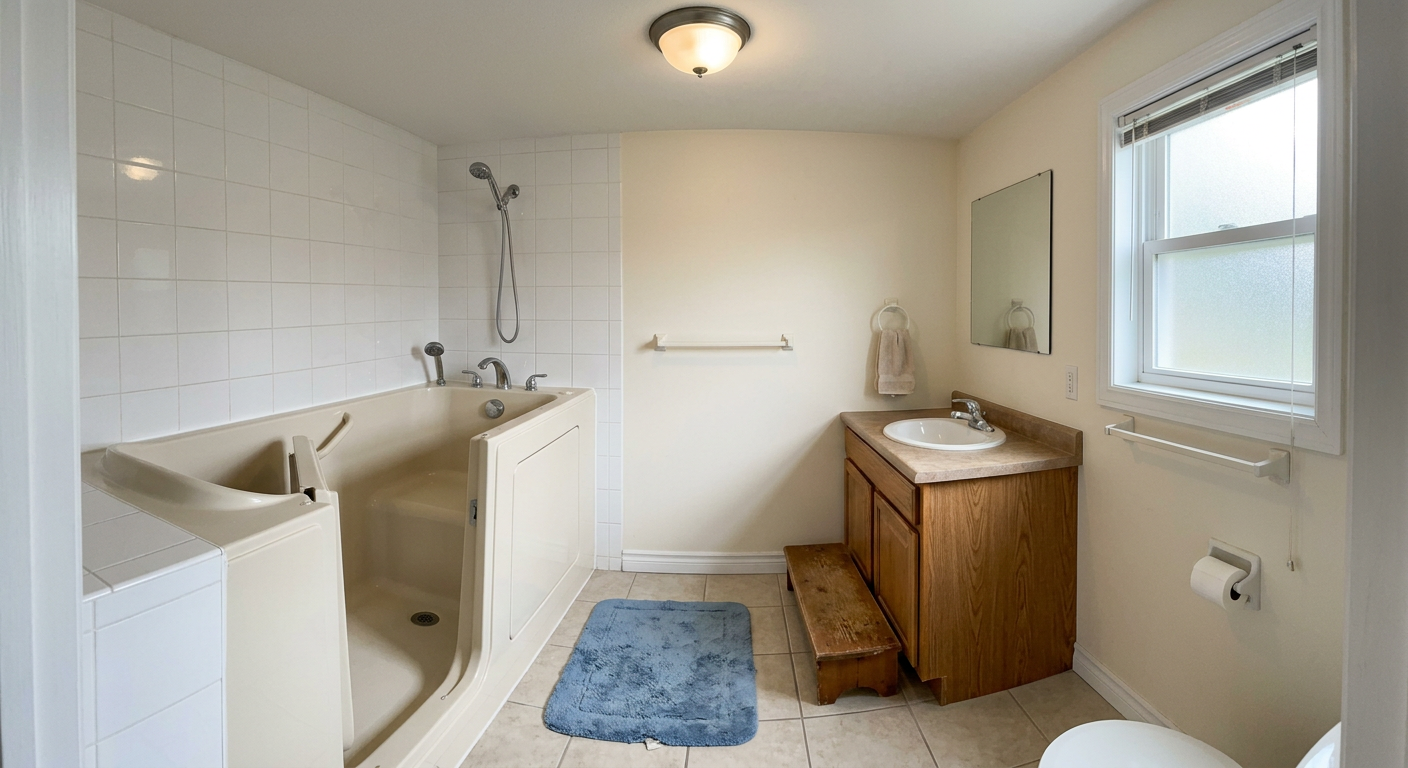 Sample bathroom photo from a Radiant Wood safety plan, annotated with numbered fixes